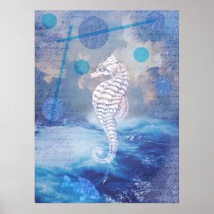 Elegant Vintage Seahorse Blue Ocean Waves Poster