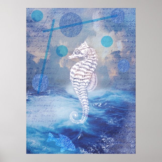 Elegant Vintage Seahorse Blue Ocean Waves Poster (Front)