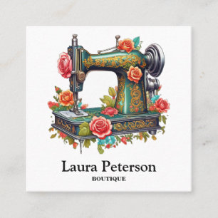 Elegant Vintage Sewing Machine Rose Flower Square Business Card