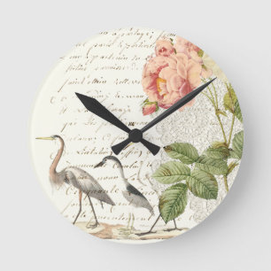 Elegant Vintage Shabby Peonies & Birds Round Clock