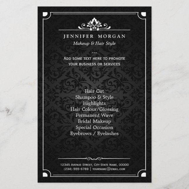 Elegant Vintage Shadow Damask Beauty Salon Flyer (Front)
