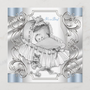 Elegant Vintage Silver and Blue Baby Boy Shower Invitation