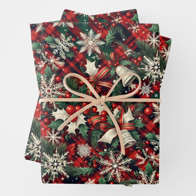 Elegant Vintage Snowflakes on Plaid Wrapping Paper Sheet (In situ)