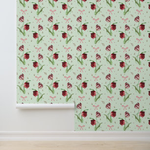 Elegant Vintage Spring Bows Tulips Floral Pattern Wallpaper
