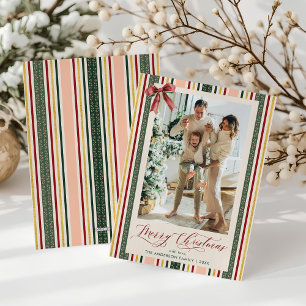 Elegant Vintage Stripes Bow Merry Christmas Photo Holiday Card