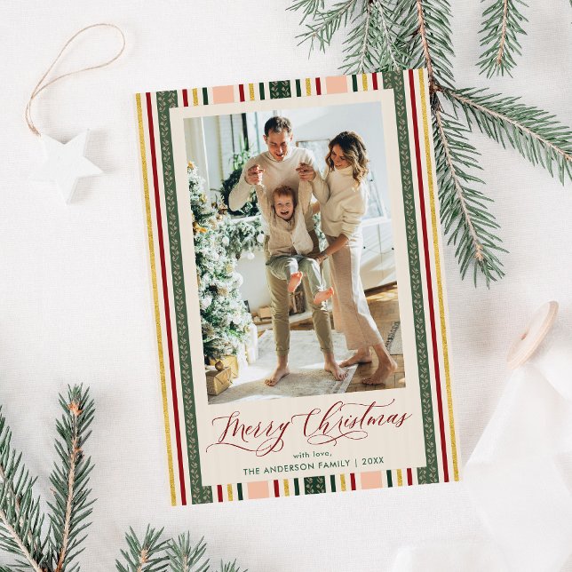 Elegant Vintage Stripes Merry Christmas Photo Holiday Card (Creator Uploaded)