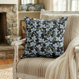 Elegant Vintage Style Blue Flowers & Green Leaves Throw Pillow