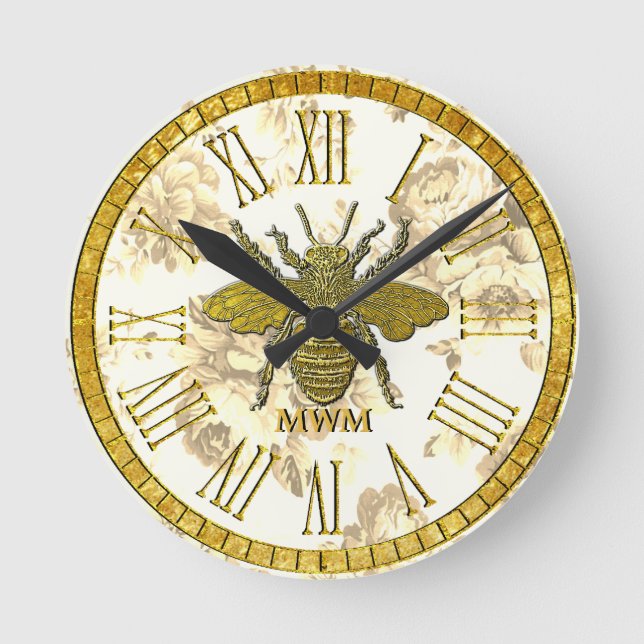 Elegant Vintage Style Gold Bumblebee  Round Clock (Front)