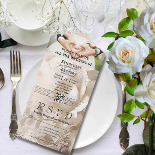 Elegant Vintage Style White Rose Photo QR Code All In One Invitation