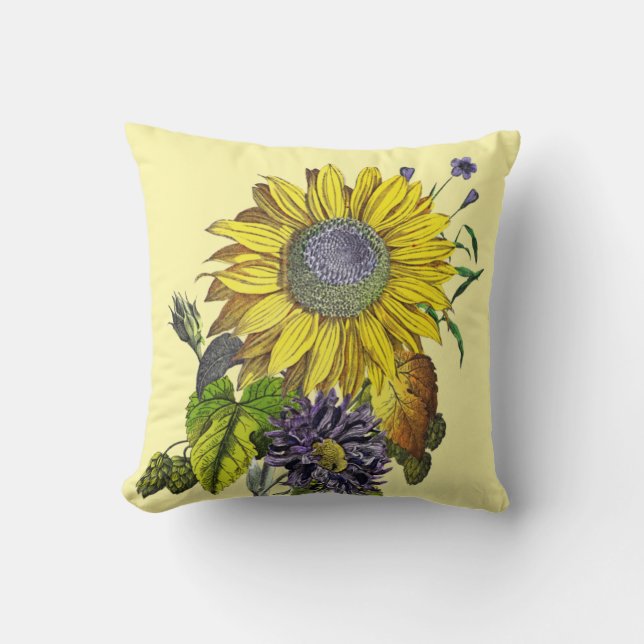 Elegant Vintage Sunflower Reverse Light Yellow Throw Pillow (Front)
