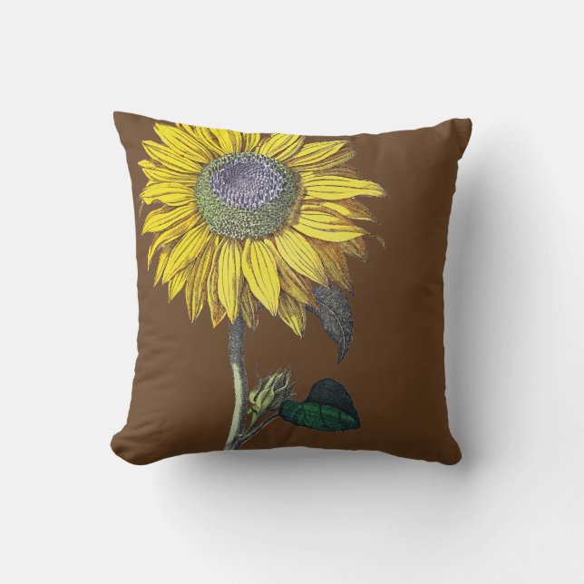 Elegant Vintage Sunflower Reversible Solid Brown Throw Pillow (Front)