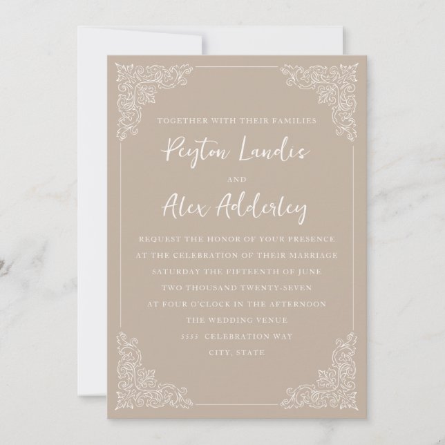 Elegant Vintage Taupe Cream Wedding Invitation (Front)