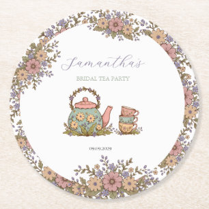 Elegant Vintage Tea Party Bridal Shower  Round Paper Coaster