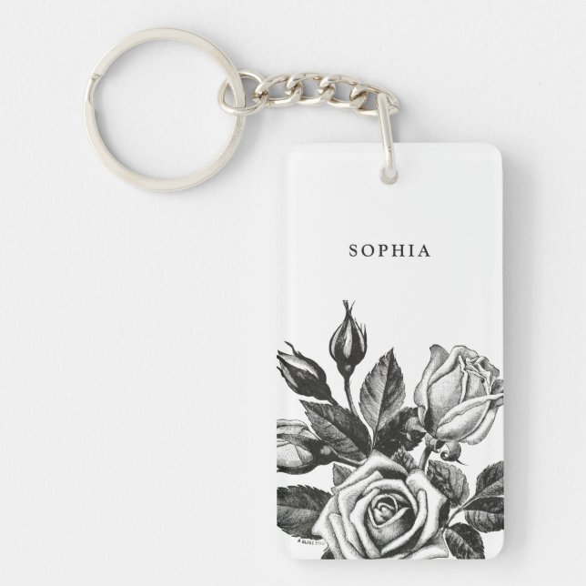 Elegant Vintage Tea Roses | Black and White Keychain (Front)