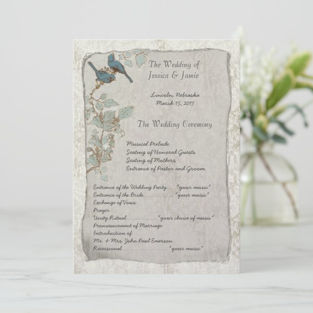 Elegant Vintage Teal Birds Damask Wedding Program (Standing Front)