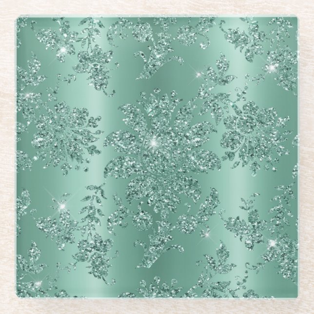 Elegant  Vintage Teal Silver Glitter Design Glass Coaster (Front)