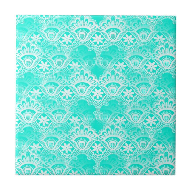Elegant Vintage Teal Turquoise Lace Damask Pattern Tile (Front)