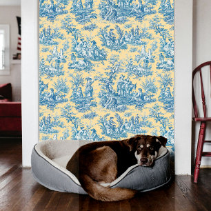 Elegant vintage teal yellow toile de jouy wallpaper