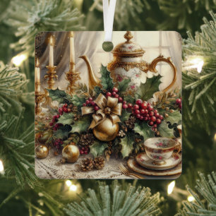 Elegant Vintage Teapot and Christmas Floral   Metal Ornament