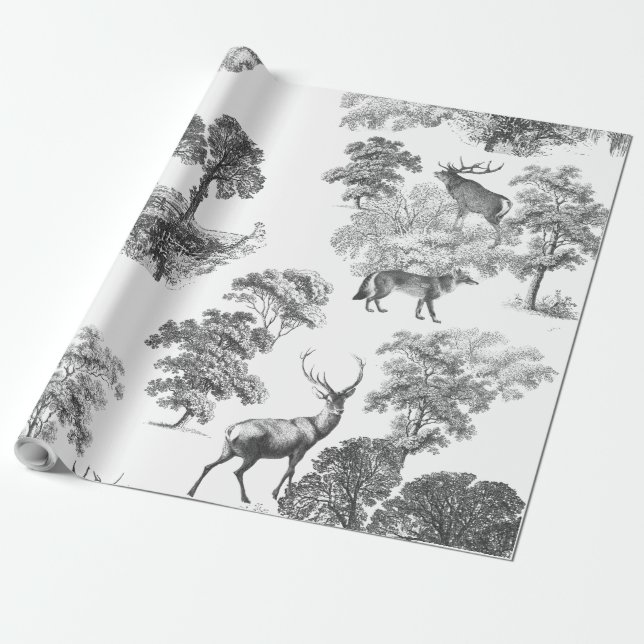 Elegant Vintage Toile Deer Fox Woodland Wrapping Paper (Unrolled)