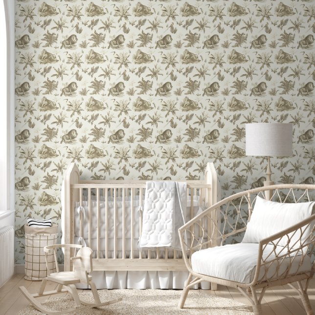 Elegant Vintage Tropical Animal Beige Toile Wallpaper (Kids)