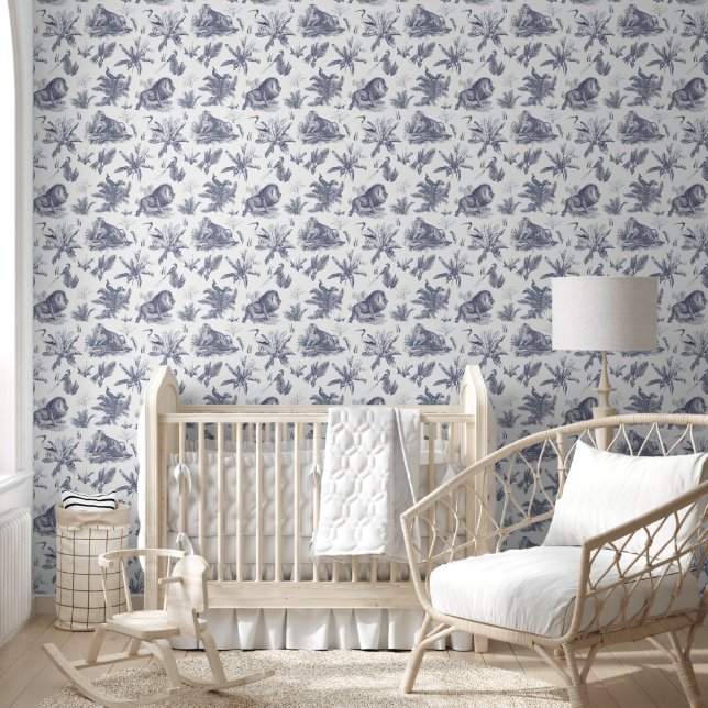 Elegant Vintage Tropical Animal Blue Toile Wallpaper (Kids)