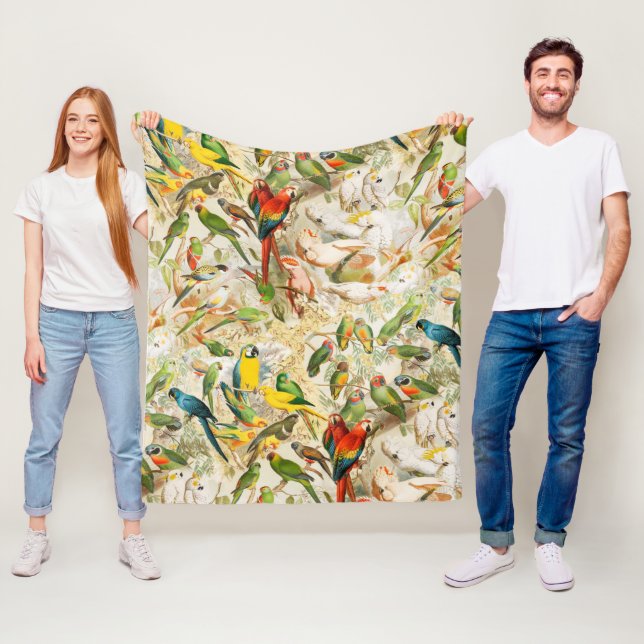 Elegant Vintage Tropical Birds Parrots Fleece Blanket (In Situ)