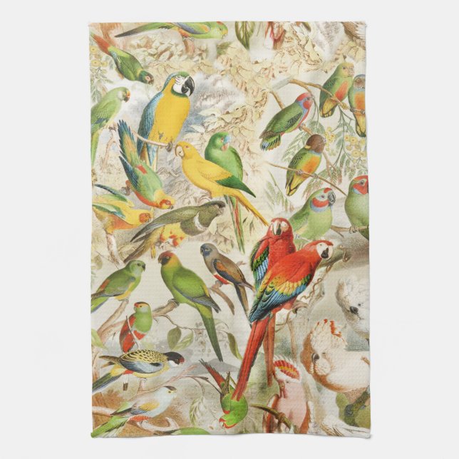 Elegant Vintage Tropical Birds Parrots Kitchen Towel (Vertical)