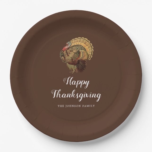 Elegant Vintage Turkey Happy Thanksgiving  Paper Plate (Front)