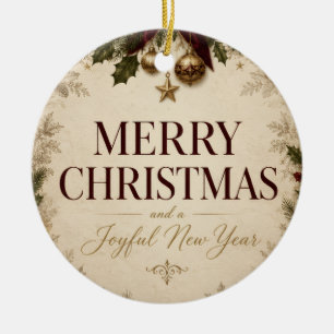 Elegant Vintage Victorian Christmas Greeting Ceramic Ornament
