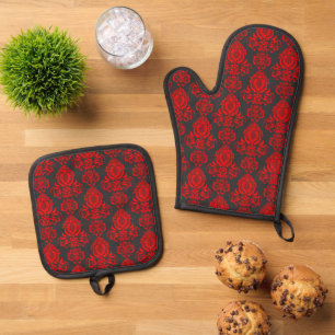 Elegant, Vintage, Victorian Damask Personalized Oven Mitt & Pot Holder Set