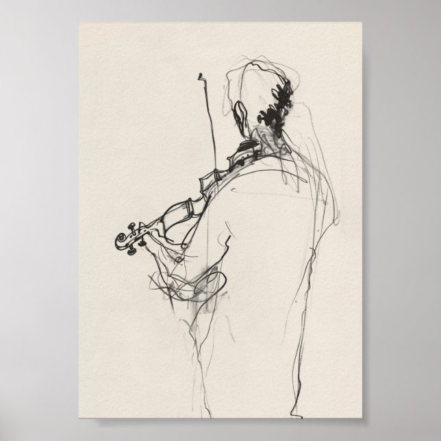 Elegant Vintage Violin Player Sketch - Premium Poster (Front)