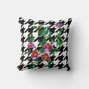 Elegant vintage watercolor pink roses houndstooth throw pillow