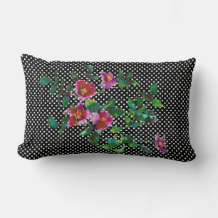 Elegant vintage watercolor pink roses polka dots lumbar pillow