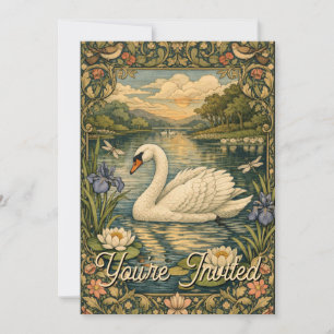 Elegant vintage watercolor white swan painting invitation