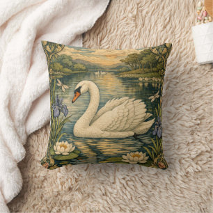 Elegant vintage watercolor white swan painting throw pillow