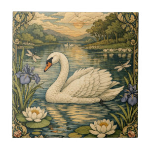 Elegant vintage watercolor white swan painting tile