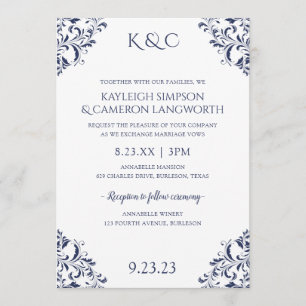 Elegant Vintage Wedding Invitation   Navy 2