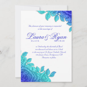 Elegant Vintage Wedding Royal Blue Rose White Invitation