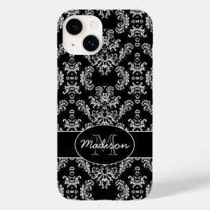 Elegant vintage white damask Black Monogram Case-Mate iPhone 14 Case