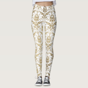 Elegant vintage white faux gold floral damask leggings