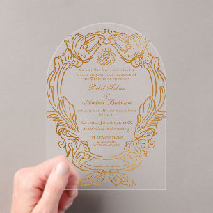 Elegant Vintage White Gold Frame Islamic Wedding Acrylic Invitations