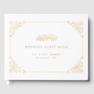 Elegant Vintage White Gold Script Muslim Wedding Guest Book