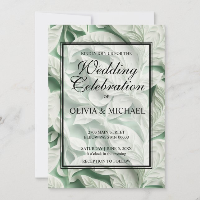 Elegant vintage white green botanical leaf pattern invitation (Front)