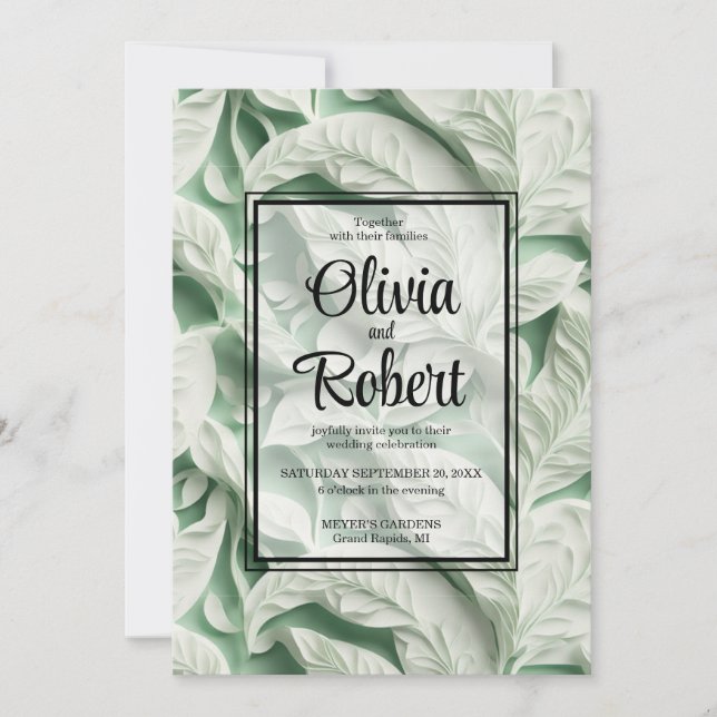 Elegant vintage white green botanical leaf pattern invitation (Front)