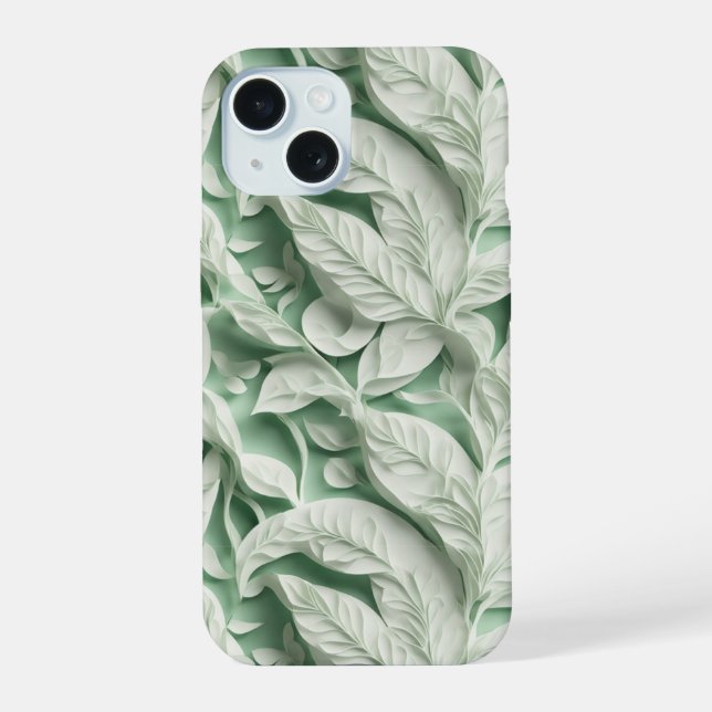 Elegant vintage white green botanical leaf pattern iPhone 15 case (Back)