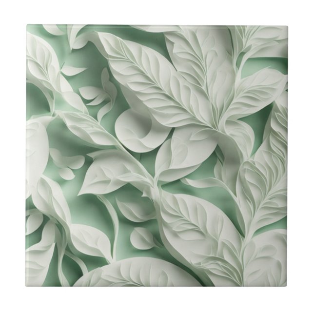 Elegant vintage white green botanical leaf pattern tile (Front)