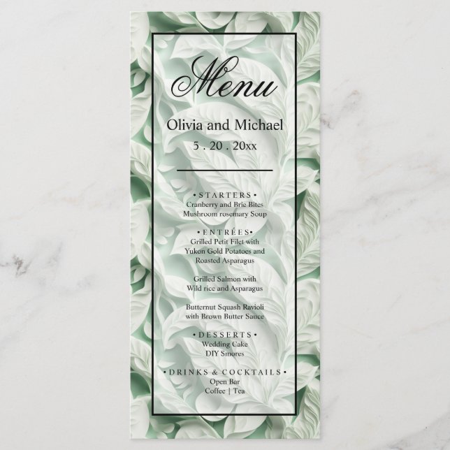 Elegant vintage white green leaf  calligraphy menu (Front)