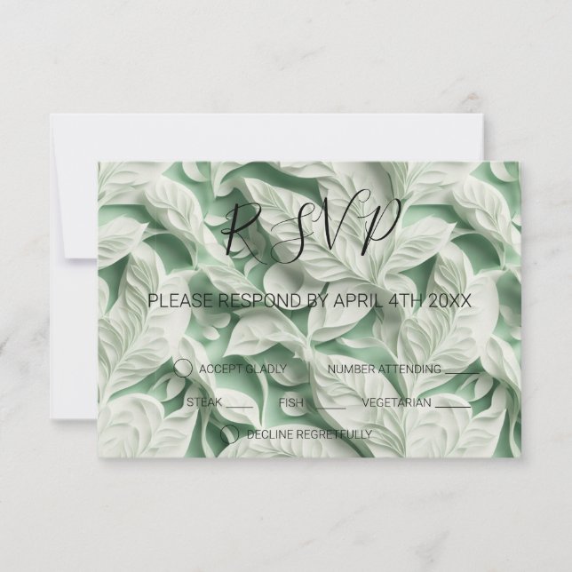 Elegant vintage white green leaf  calligraphy RSVP card (Front)