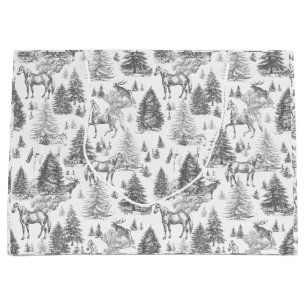 Elegant Vintage White Horses in Snow Woods Toile Large Gift Bag